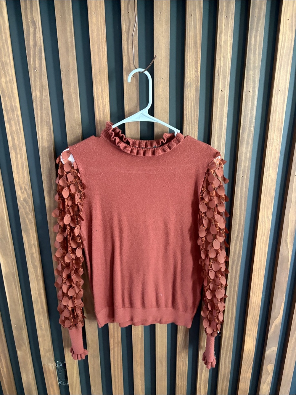Women's Rust Ruffle Neck Sweater with Decorative Sleeve Detail